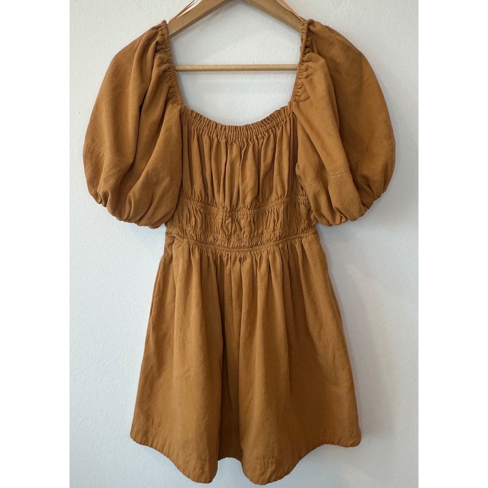 Camel Brown Puff Sleeve Smocked Waist Babydoll Top Cottagecore Boho w/pockets